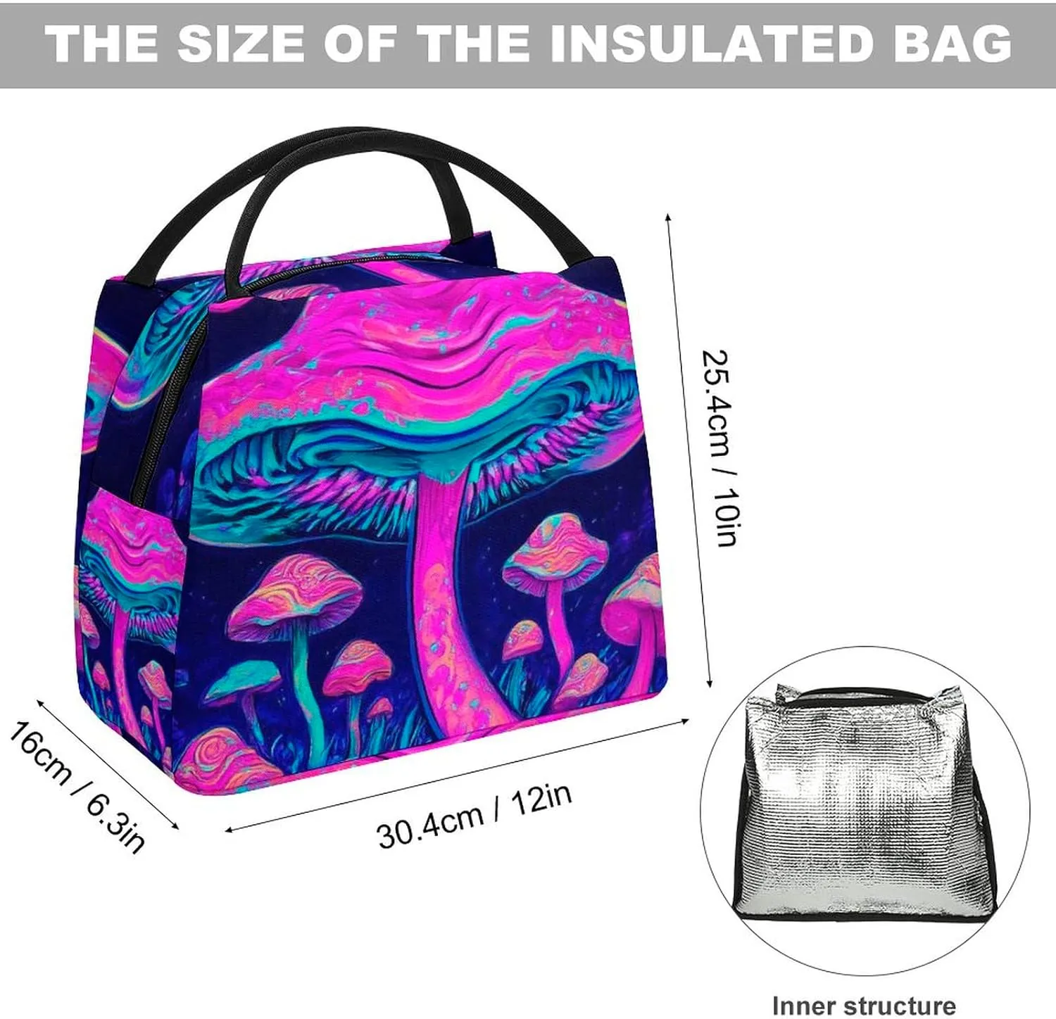 Portable Large Capacity Lunch Tote Bag, Wear-Resistant Oxford Cloth Lunch Box Trippy Mushroom Magic Art Reusable Insulated Meal Bags
