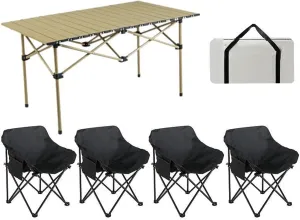 Portable Lightweight Folding Camping Table & Chairs Set for Outdoor BBQ Garden Hiking and Fishing Carbon Steel Roll up Top Picnic Table with Built in Beverage Holders