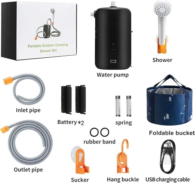 Portable Outdoor Shower, 4400 mAh Removable Rechargeable Battery, with LED Light, Battery Powered Shower Pump Collapsible Bucket, Suitable for Hiking/Backpacking, Camping, Travel, Beach, Pet