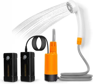 Portable Outdoor Shower with LED Lighting, Battery-Driven Pump for Beaches, Camping, Gardens & Hiking