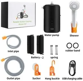 portable outdoor shower,4400mA detachable battery,USB charging, LED lighting,battery campsite shower,self suction water pump,suitable for hiking/backpacking,camping,travel,beach,pets,watering