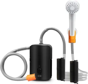 portable outdoor shower,4400mA detachable battery,USB charging, LED lighting,battery campsite shower,self suction water pump,suitable for hiking/backpacking,camping,travel,beach,pets,watering