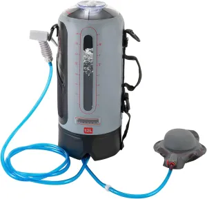Portable Pressure Camp Shower - 3 Gallons, Solar-Powered, Leak-Free, Quick Heating, Durable PVC, Detachable Hose, Stable Base - Ideal for Camping, Hiking, Pet Bathing - Grey/Black