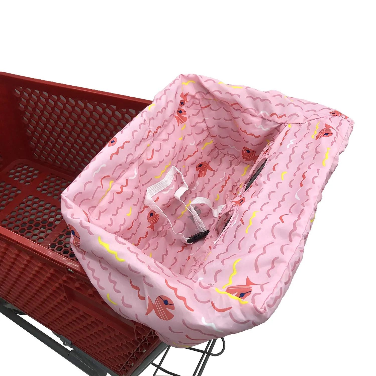 Portable Shopping Cart Cover, High Chair and Grocery Cart Covers for Babies, Kids, Infants & Toddlers, Attached Carry Bag (Simple Pink Fish)