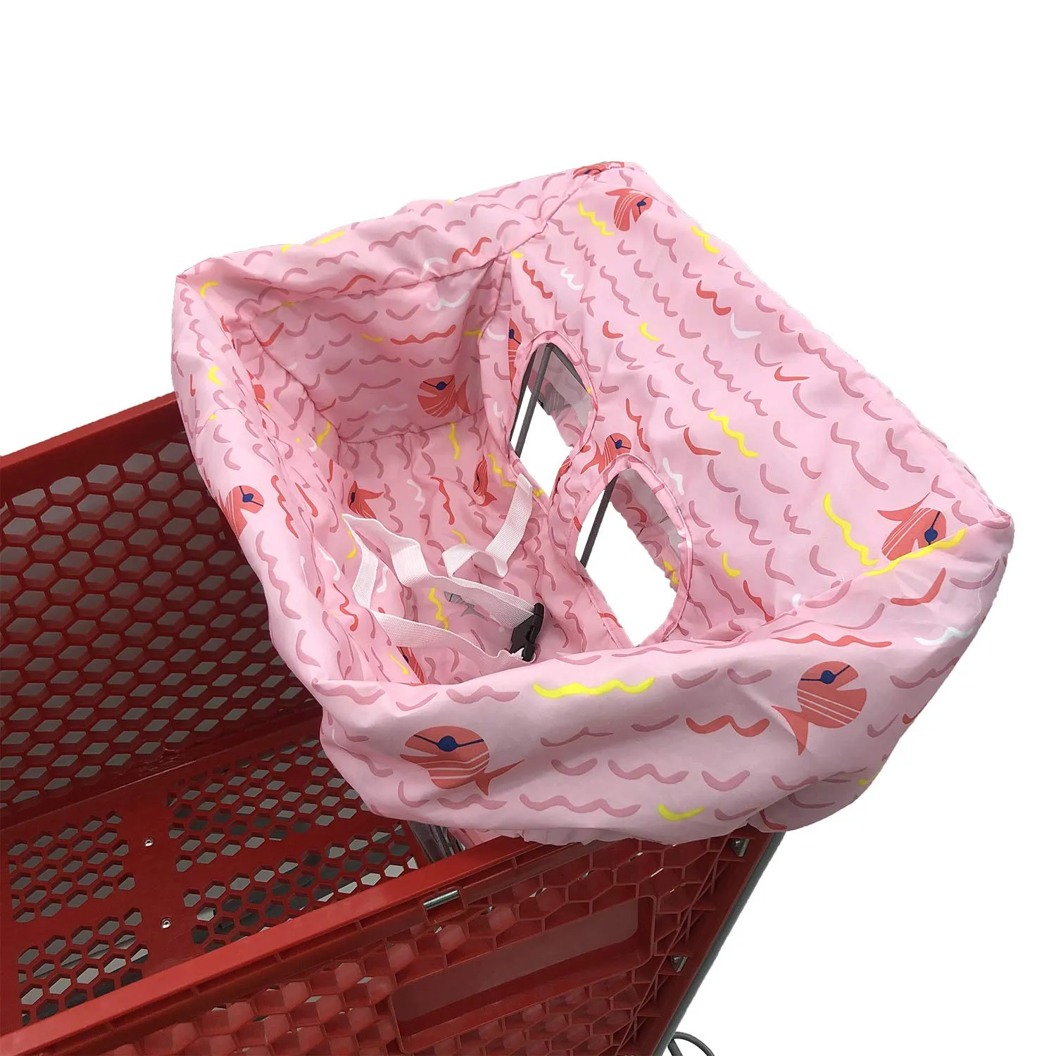 Portable Shopping Cart Cover, High Chair and Grocery Cart Covers for Babies, Kids, Infants & Toddlers, Attached Carry Bag (Simple Pink Fish)