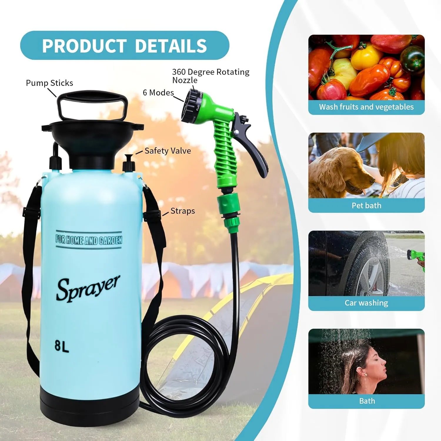 Portable Shower Blue with 7 Spray Modes, Hand Press with Removable Hose and Shower Head