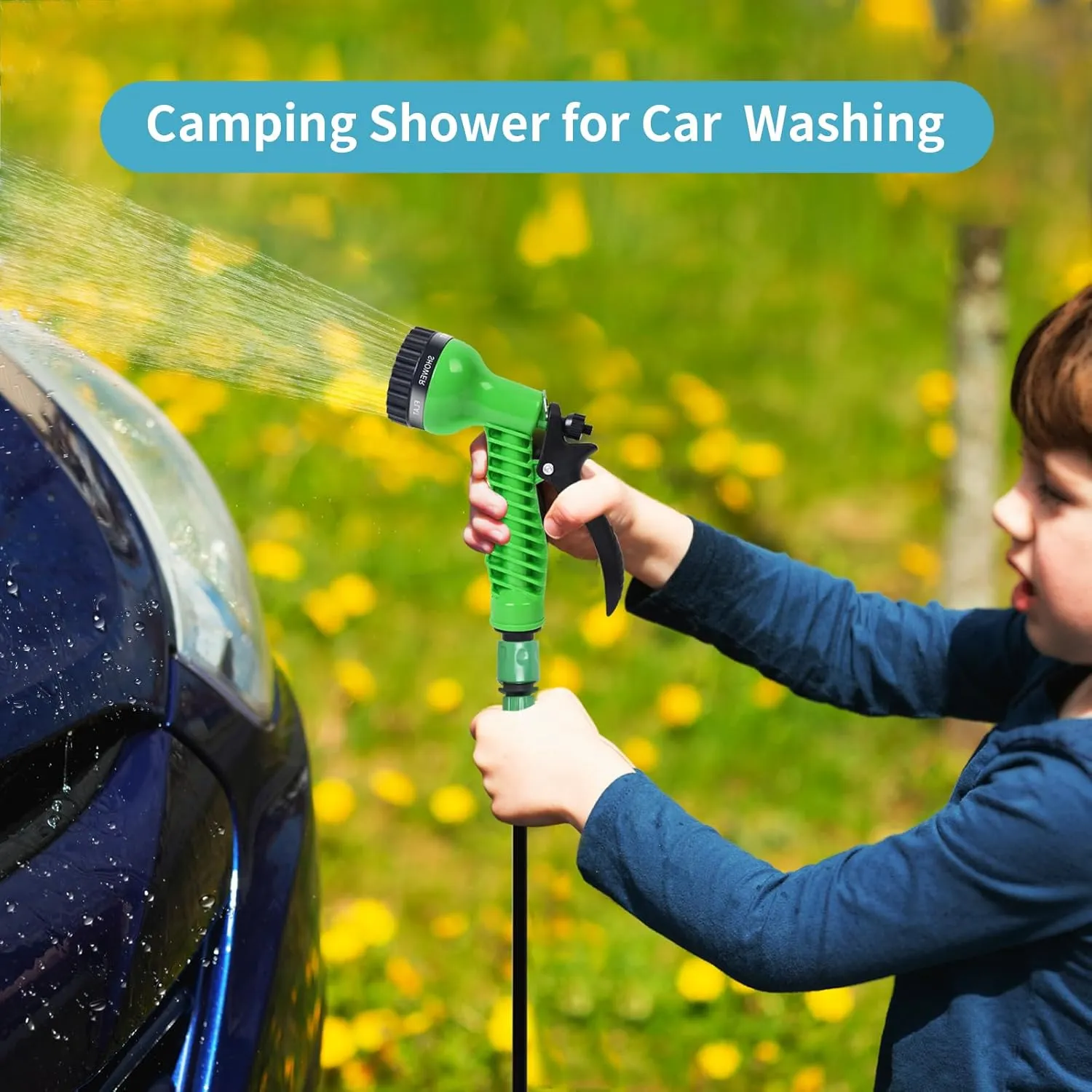 Portable Shower Blue with 7 Spray Modes, Hand Press with Removable Hose and Shower Head