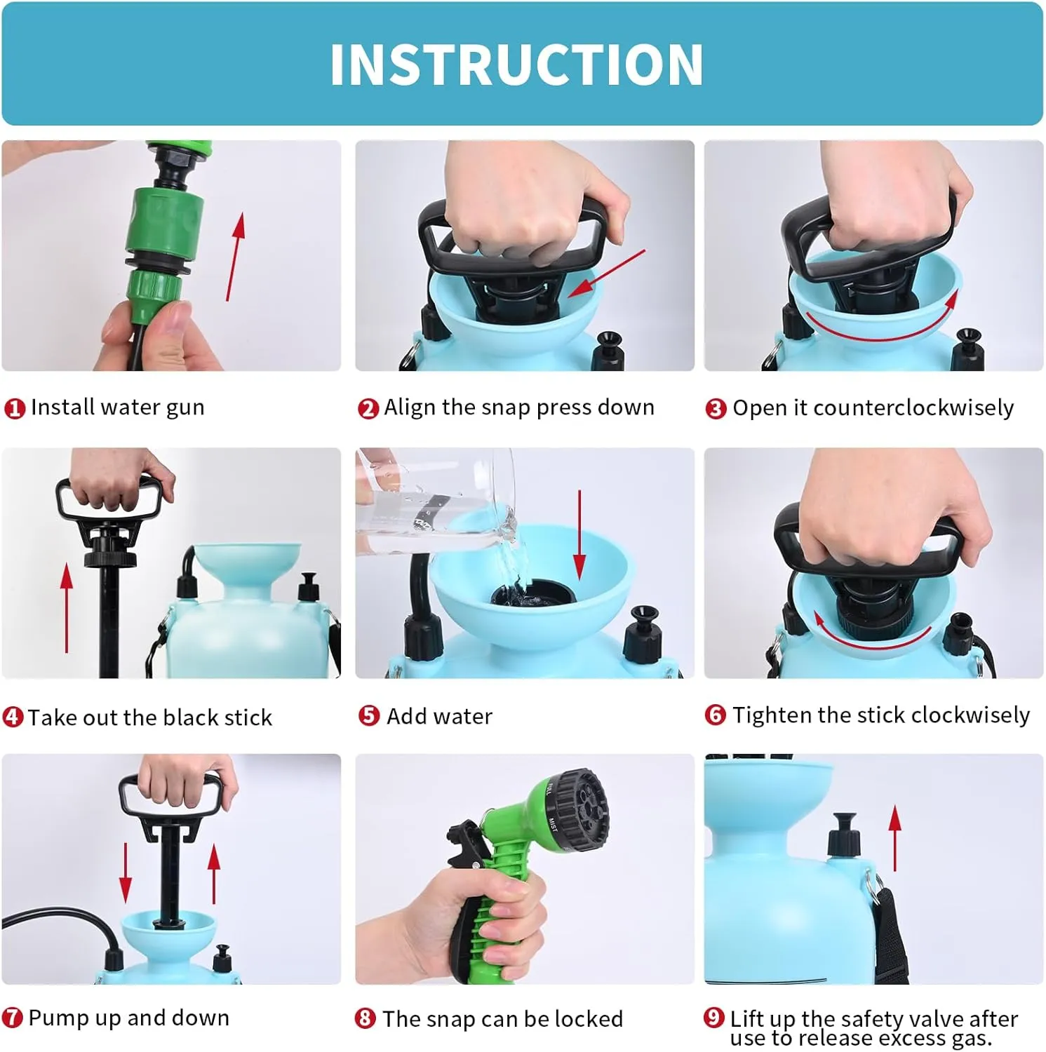 Portable Shower Blue with 7 Spray Modes, Hand Press with Removable Hose and Shower Head