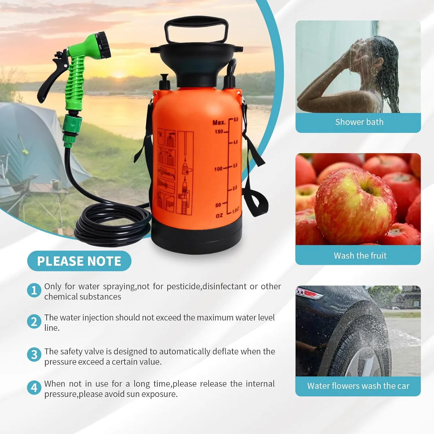 Portable Shower Blue with 7 Spray Modes, Hand Press with Removable Hose and Shower Head