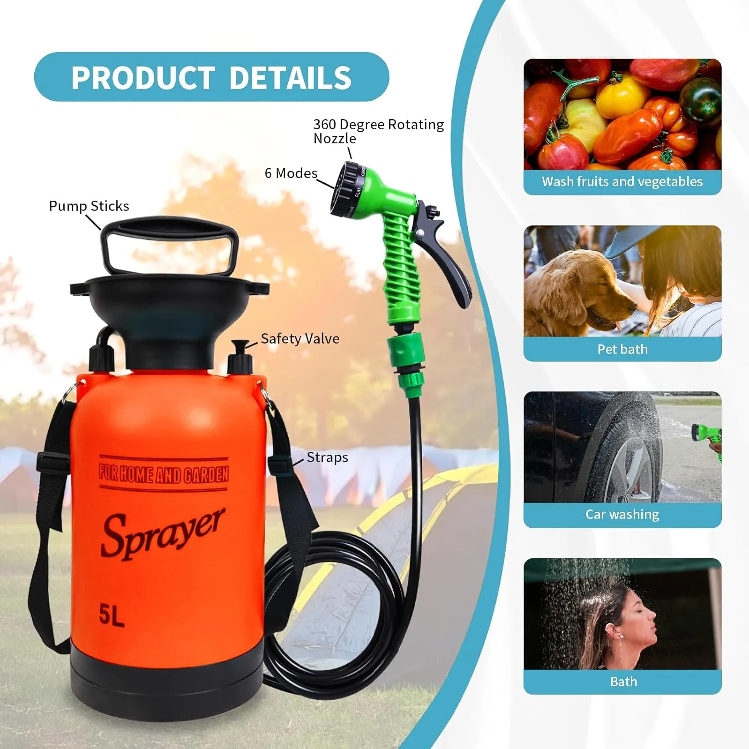 Portable Shower Blue with 7 Spray Modes, Hand Press with Removable Hose and Shower Head