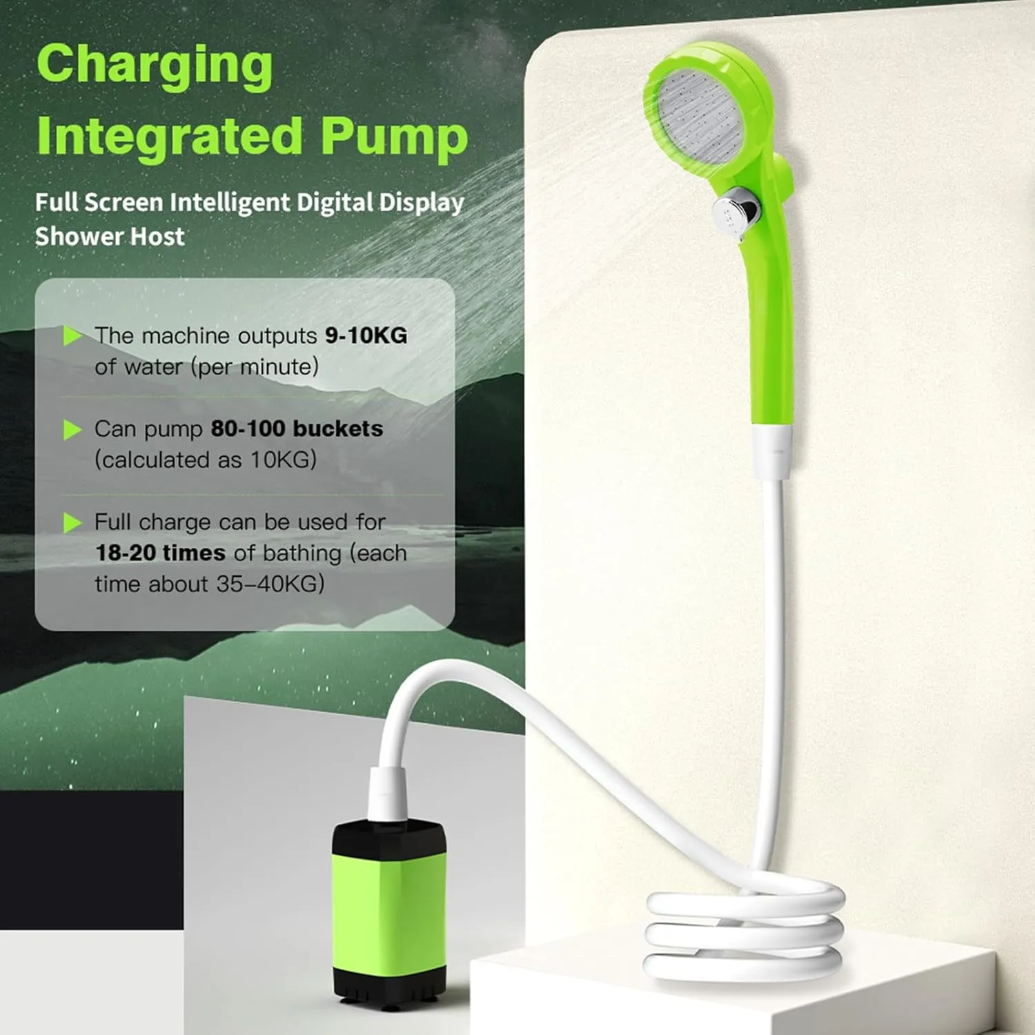 Portable Shower Camping Shower Outdoor Camp Shower Pump Electric Rechargeable Shower Pump with Intelligent Digital Display, Head Nozzle Shower Kit for Camping, Hiking, Traveling, Washing