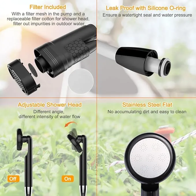 Portable Shower Camping Shower, Outdoor Camp Shower Pump with Intelligent Digital Display, Rechargeable Camping Shower Kit Handheld Shower Head kit for Camping, Beach Pool Rinsing, Pet Cleaning