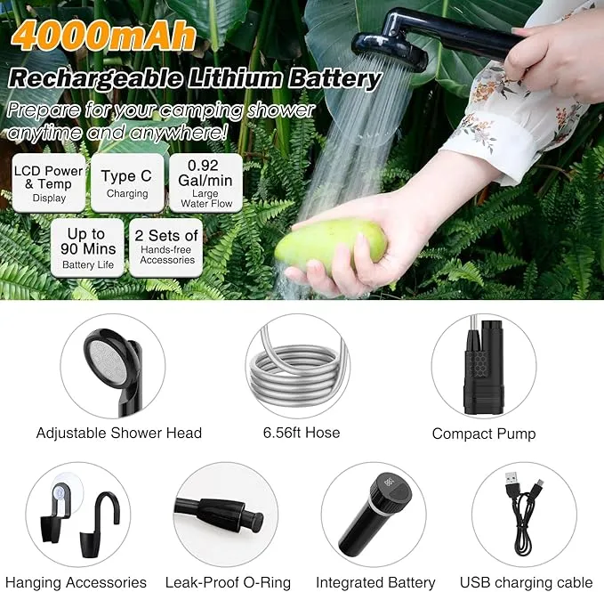 Portable Shower Camping Shower, Outdoor Camp Shower Pump with Intelligent Digital Display, Rechargeable Camping Shower Kit Handheld Shower Head kit for Camping, Beach Pool Rinsing, Pet Cleaning