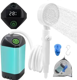 Portable Shower, Camping Shower Rechargeable Electric Shower Pump with USB-C & Smart Digital Display, Multifunctional Handheld Shower Head for Rinsing, Hiking, RVing, Beach Vacations (Blue)