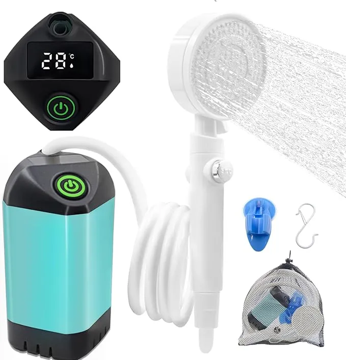 Portable Shower, Camping Shower Rechargeable Electric Shower Pump with USB-C & Smart Digital Display, Multifunctional Handheld Shower Head for Rinsing, Hiking, RVing, Beach Vacations (Blue)