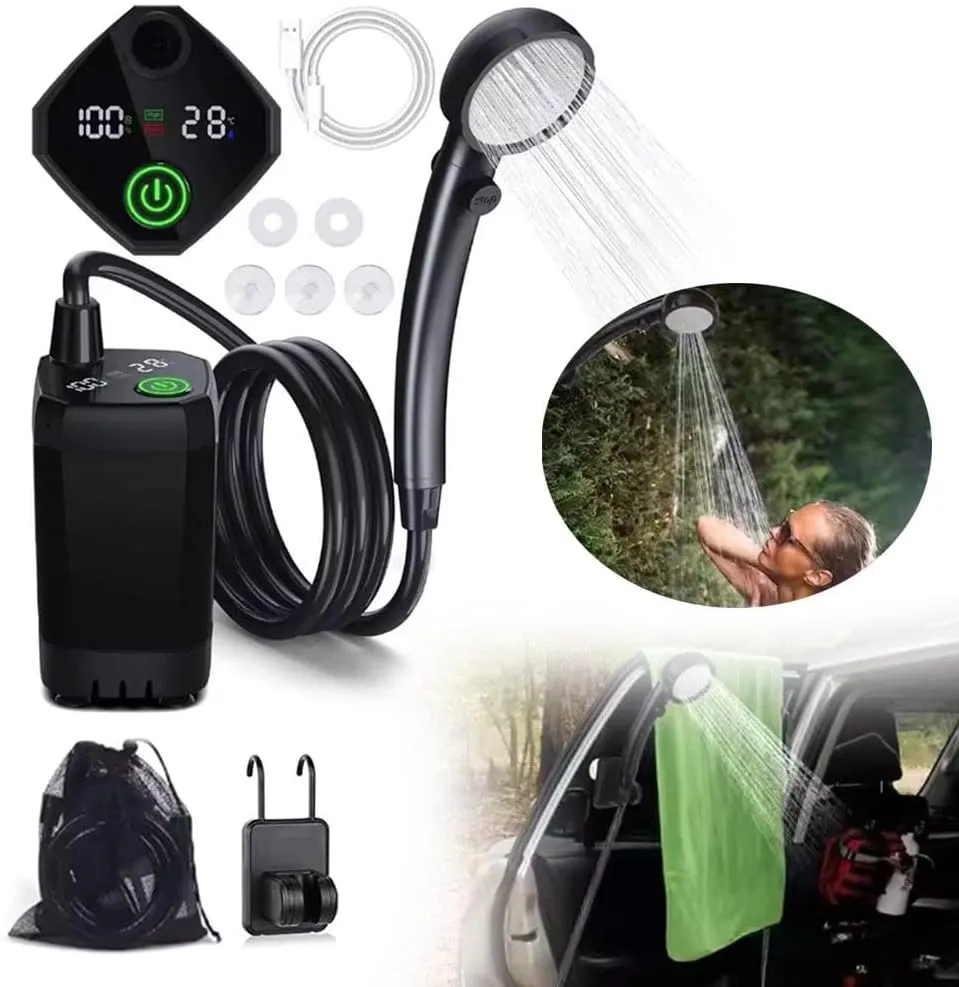 Portable Shower Camping Shower,6000mAh Rechargeable Camping Shower with Digital Power & Temperature Display,Portable Camping Shower,Waterproof Suitable for Camping,Outdoor,Car,Pets