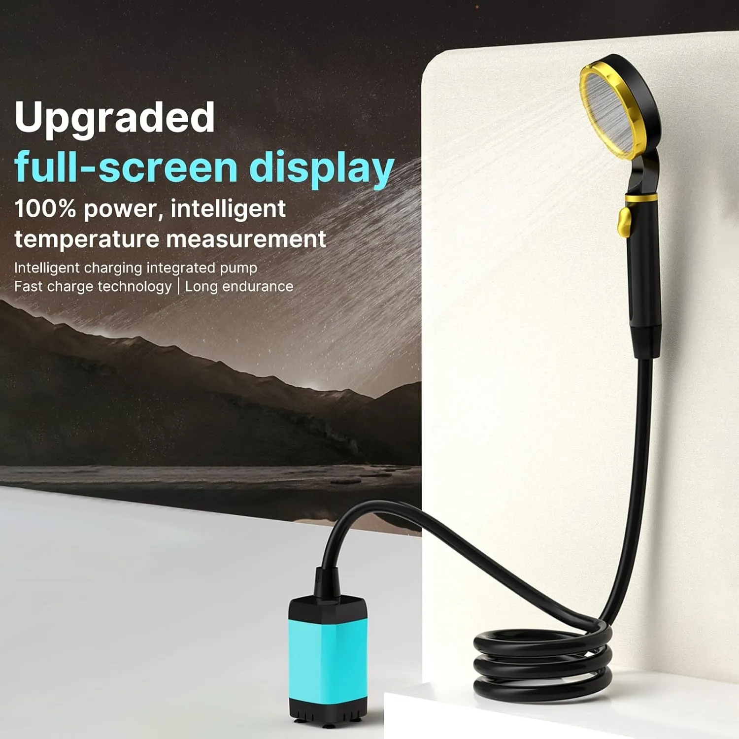 Portable Shower Electric Camping Shower with Full Digital Display of Temperature Remain Battery 2 Modes Outdoors Camp Shower Pump Built in 7800mAh Rechargeable Battery with 6.5ft (Blue)