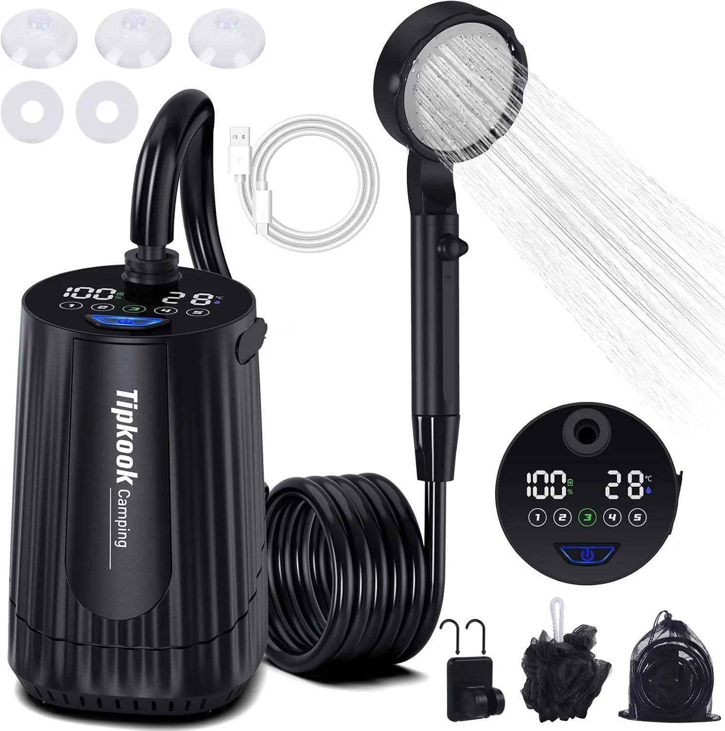 Portable Shower for Camping, 10000mAh Rechargeable Camping Shower (Black)