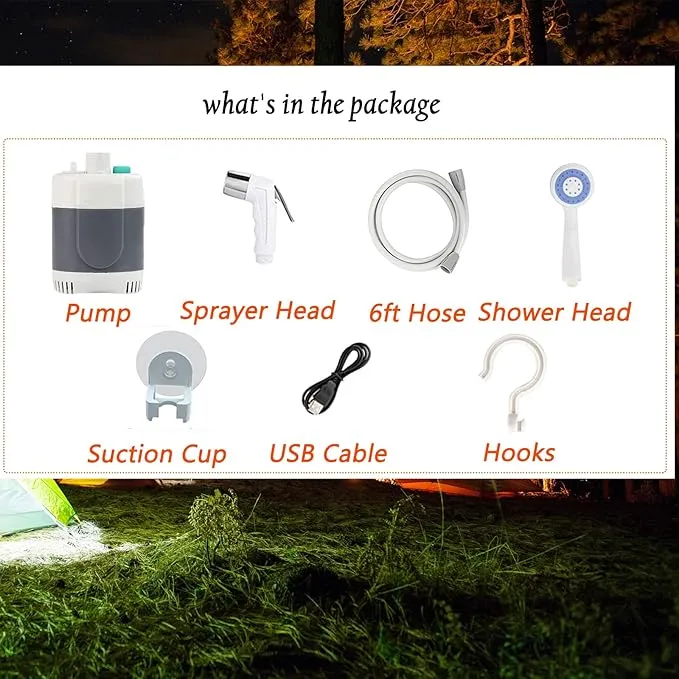 Portable Shower for Camping, Portable Camping Shower, Rechargeable Portable Outdoor Shower Head with Hose, 2 Travel Shower Heads, 6ft Hose