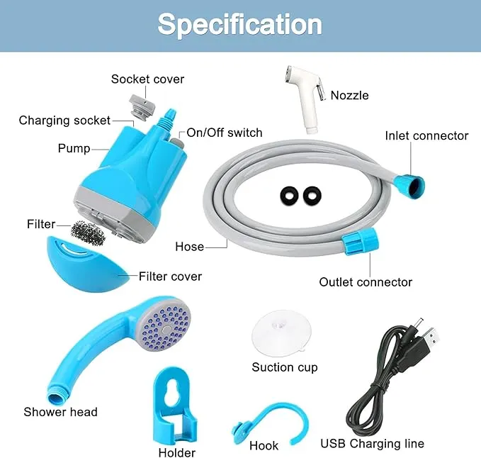Portable Shower for Camping – Portable Camping Shower with Electric USB Rechargeable Battery,Outdoor Camp Shower Pump for Camping,Hiking,Travel,Pet Cleaning,Car Wash,Water Flower(2 Head)