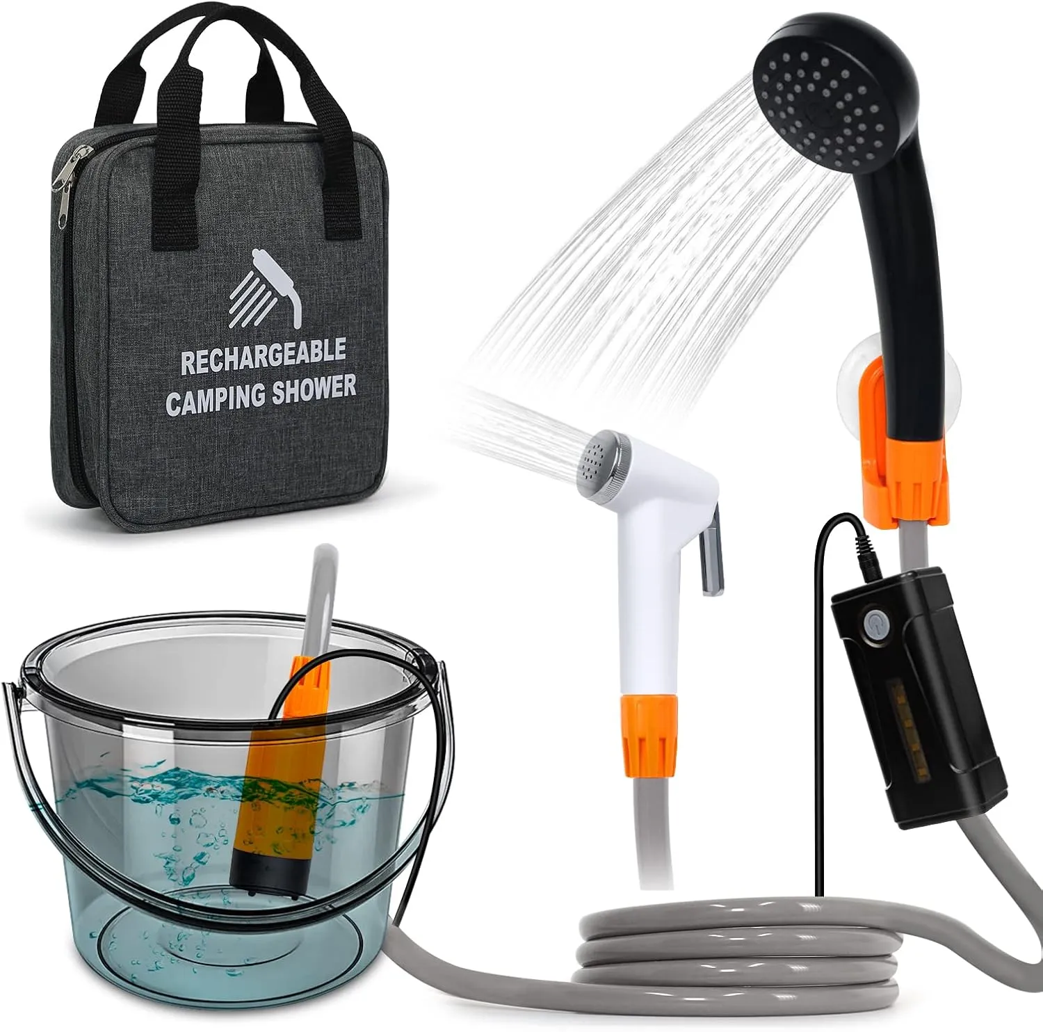Portable Shower for Camping, Rechargeable Portable Camping Shower, Camp Shower with Double Portable Shower Head and 2 Flow Mode, Camping Shower for Hiking Beach Swimming Outdoor
