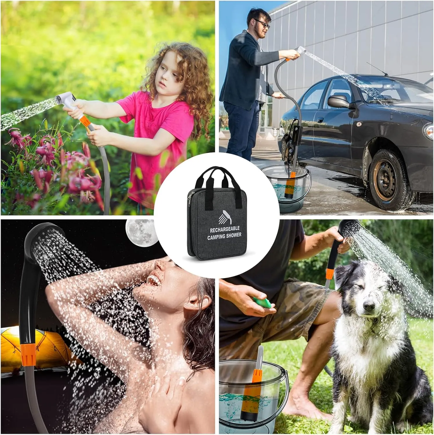 Portable Shower for Camping, Rechargeable Portable Camping Shower, Camp Shower with Double Portable Shower Head and 2 Flow Mode, Camping Shower for Hiking Beach Swimming Outdoor