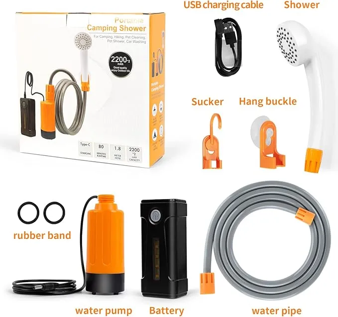 Portable Shower for Camping, Rechargeable Portable Camping Shower, Camp Shower with Double Portable Shower Head and 2 Flow Mode, Camping Shower for Hiking Beach Swimming Outdoor