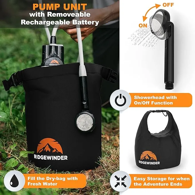 Portable Shower for Camping with Dry Bag - Camp Shower with Rechargeable Battery and Included 10L Dry Bag for Water Storage. Complete Camping Shower in a Bag ( Sprayer Attachment).