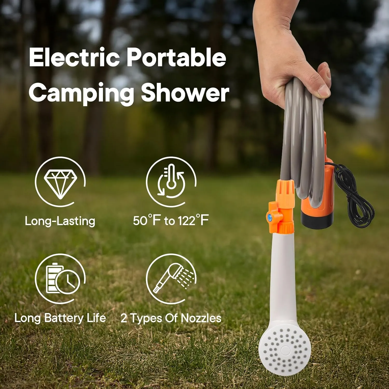Portable Shower Head with Outdoor Shower Pump, 4.5L / min 2 Levels Output 2200mAh Battery Power Shower for Car Washing, Pet Bathing