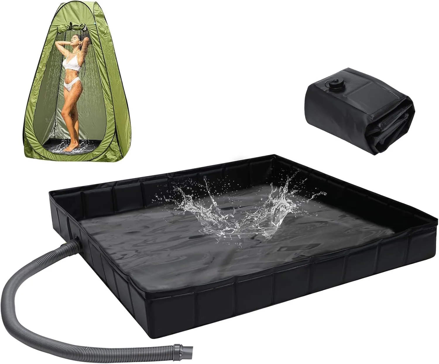 Portable Shower Pan 41" x 41" x 5" Foldable Camping Shower Base with Drain Hose and Clamp Shower Basin for Outdoor, Camping, Beach