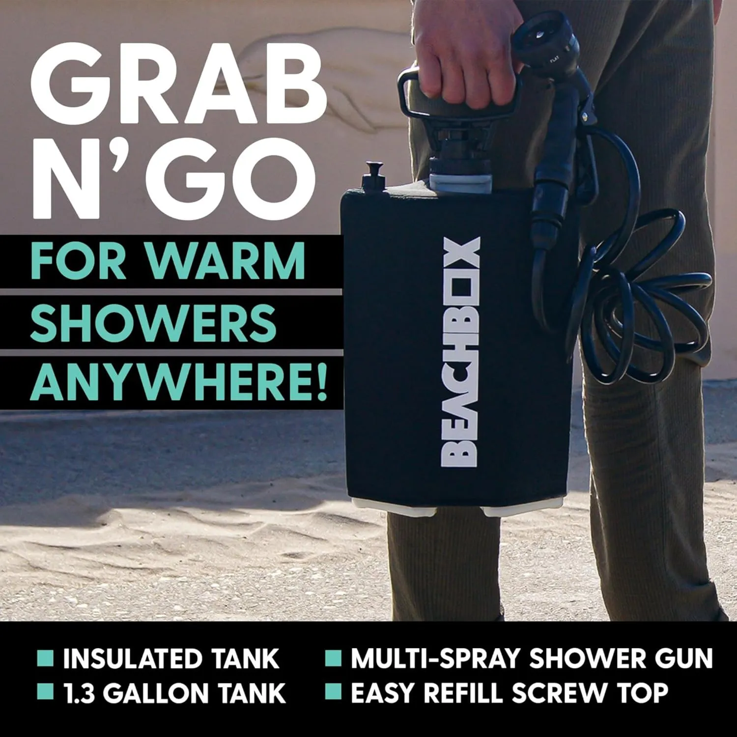 Portable Shower Tank – Insulated Hot & Cold Water Tank for Camping, Beach, & Outdoor Adventures – 1.3 Gal Capacity – Multi-Spray Shower Gun – Easy Fill & Carry