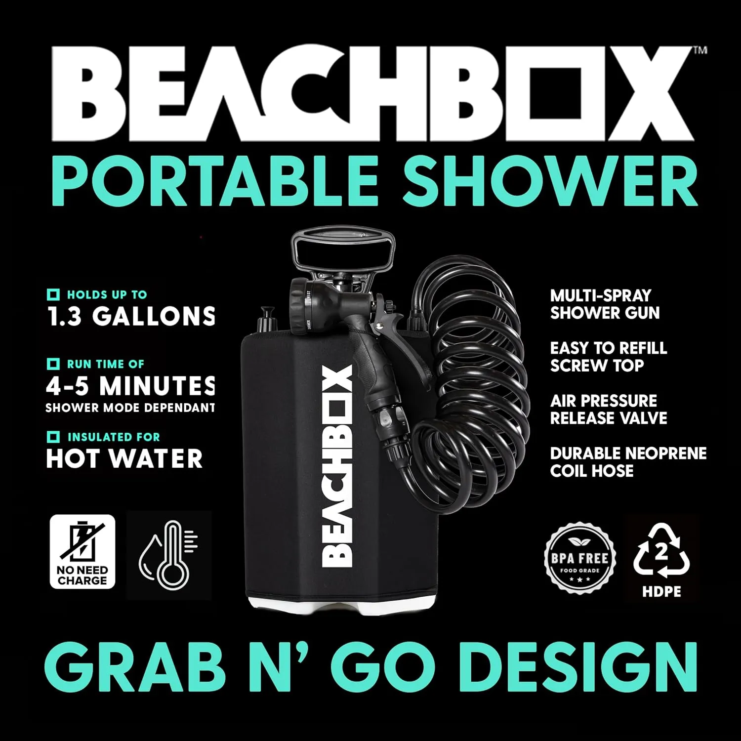 Portable Shower Tank – Insulated Hot & Cold Water Tank for Camping, Beach, & Outdoor Adventures – 1.3 Gal Capacity – Multi-Spray Shower Gun – Easy Fill & Carry
