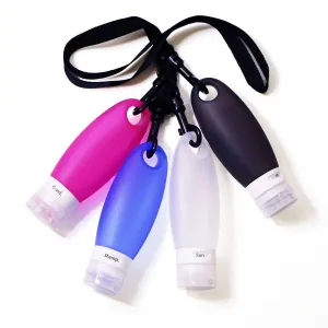 Portable Silicone Squeezable Bottles Refillable Cosmetic Gym Containers Travel TSA Approved Tube Set with Shower Lanyard for Shampoo Lotion(3.3 oz,Pack of 4)