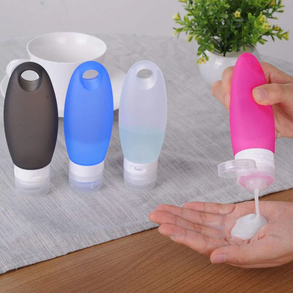 Portable Silicone Squeezable Bottles Refillable Cosmetic Gym Containers Travel TSA Approved Tube Set with Shower Lanyard for Shampoo Lotion(3.3 oz,Pack of 4)