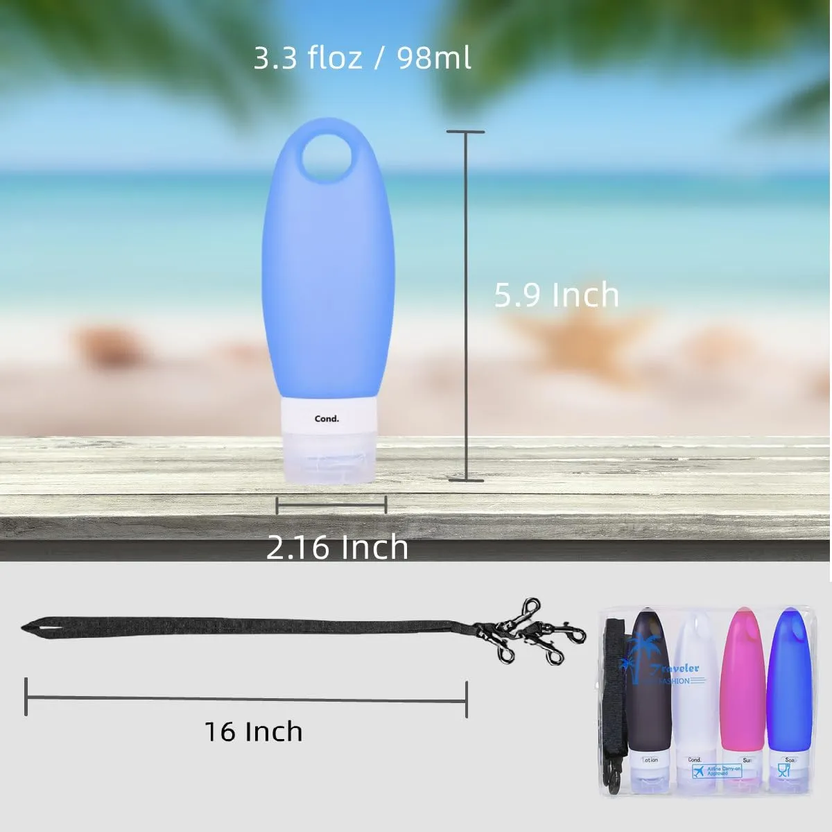 Portable Silicone Squeezable Bottles Refillable Cosmetic Gym Containers Travel TSA Approved Tube Set with Shower Lanyard for Shampoo Lotion(3.3 oz,Pack of 4)
