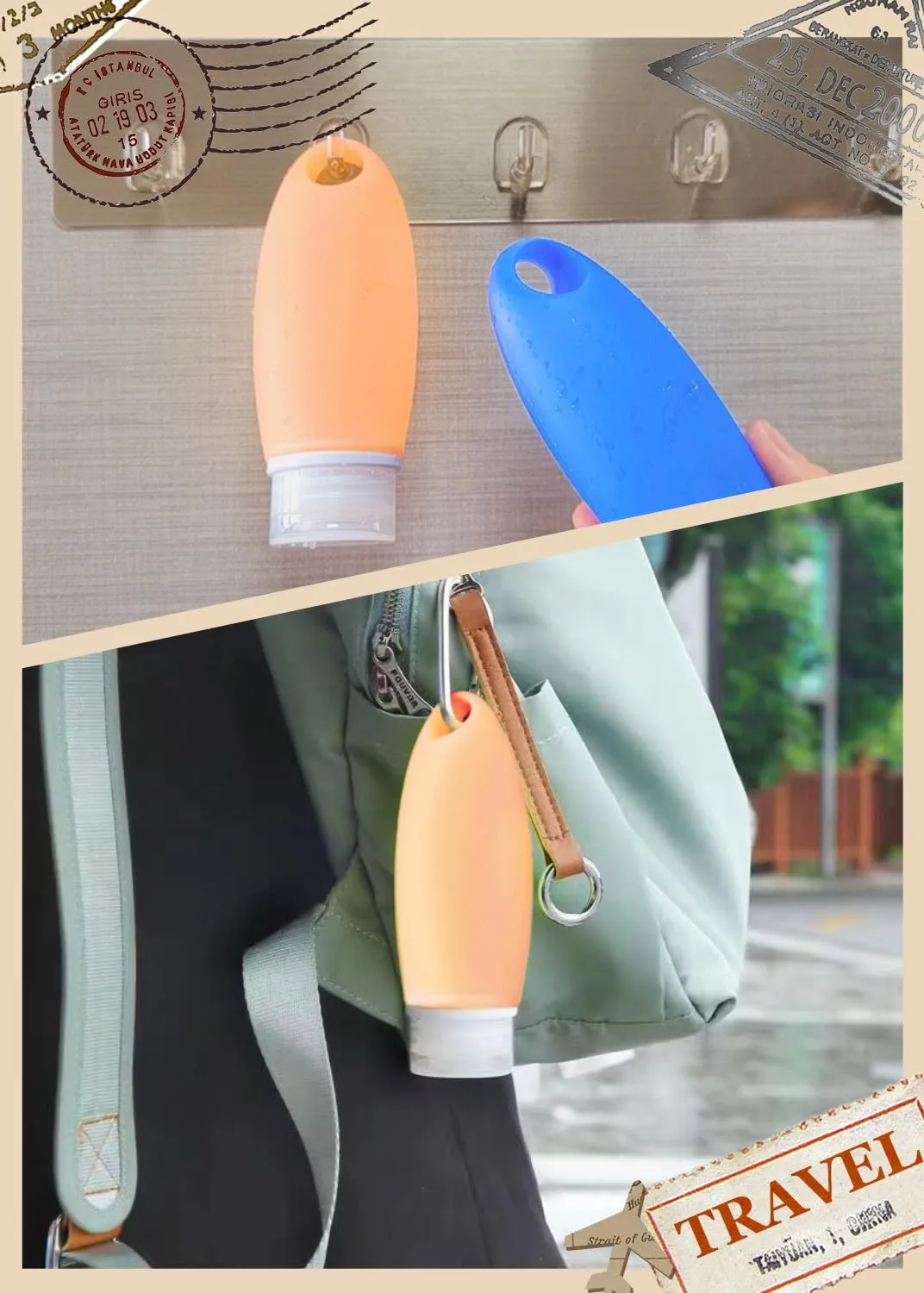 Portable Silicone Squeezable Bottles Refillable Cosmetic Gym Containers Travel TSA Approved Tube Set with Shower Lanyard for Shampoo Lotion