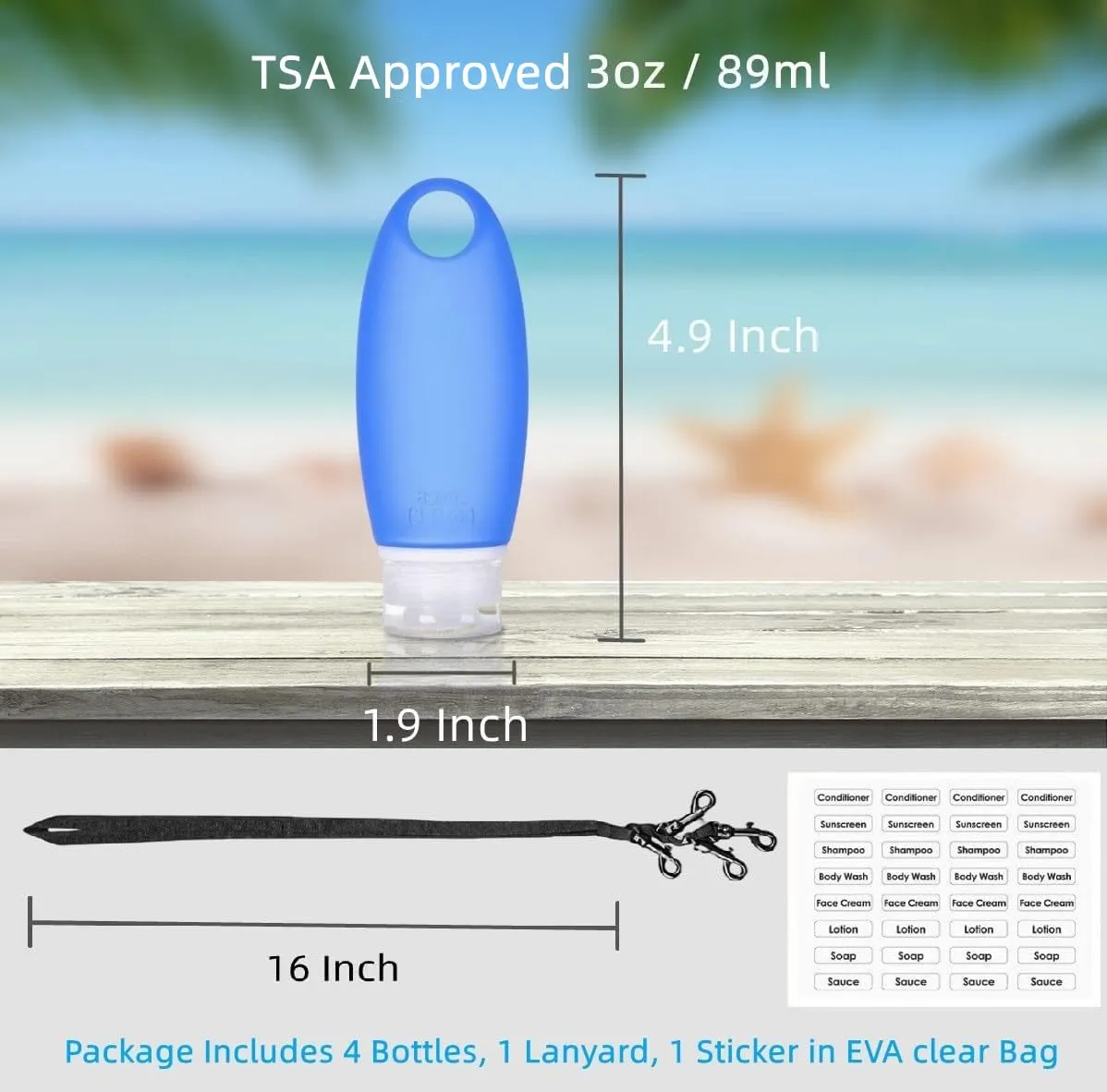 Portable Silicone Squeezable Bottles Refillable Cosmetic Gym Containers Travel TSA Approved Tube Set with Shower Lanyard for Shampoo Lotion