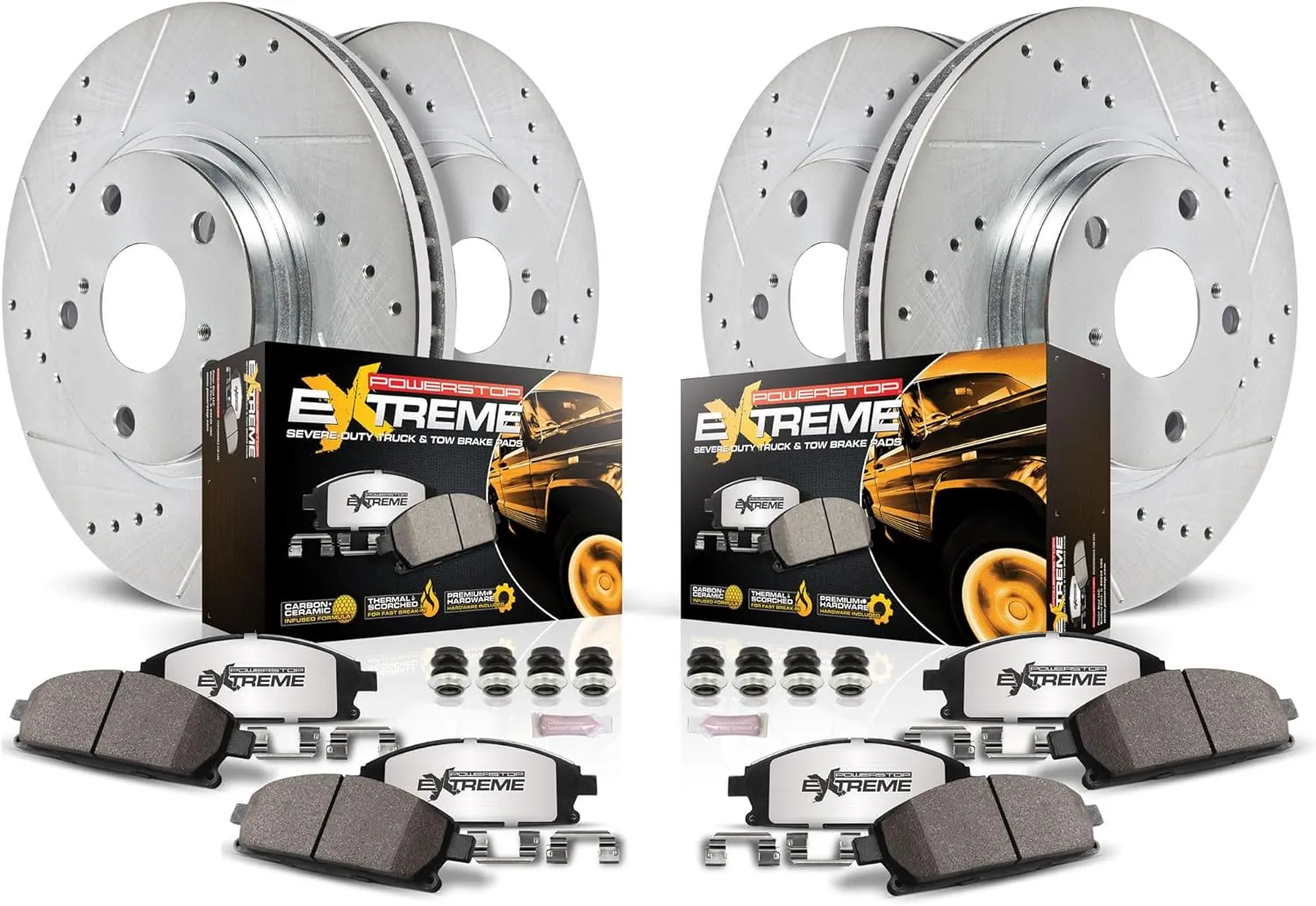 Power Stop K2023-36 Front and Rear Z36 Truck & Tow Brake Kit, Carbon Fiber Ceramic Brake Pads and Drilled and Slotted Brake Rotors For Chevy Silverado Suburban GMC Sierra Yukon XL Hummer H2, 8 Lug