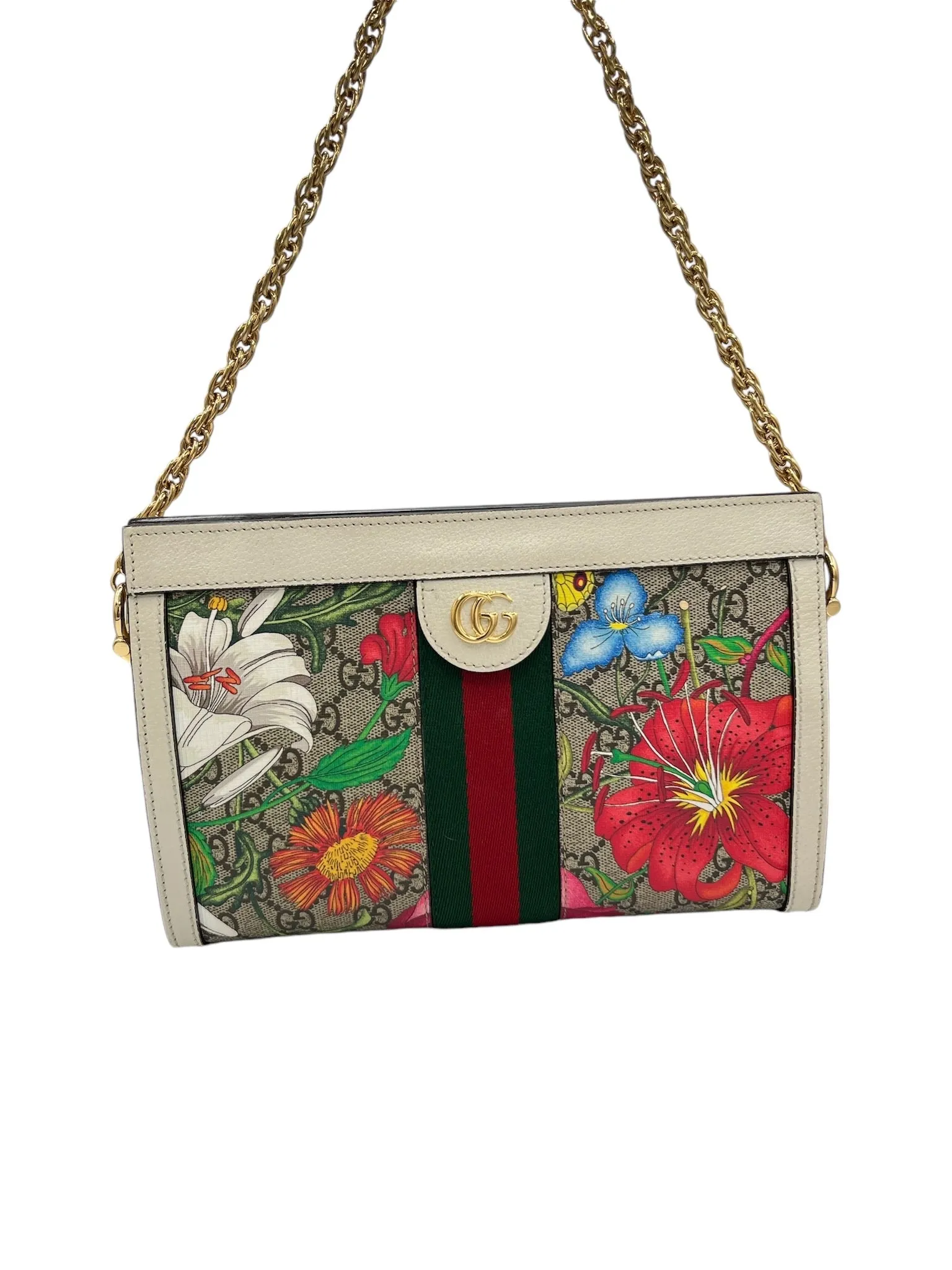 PRE-OWNED GG Supreme Monogram Flora Web Small Ophidia Chain Shoulder Bag