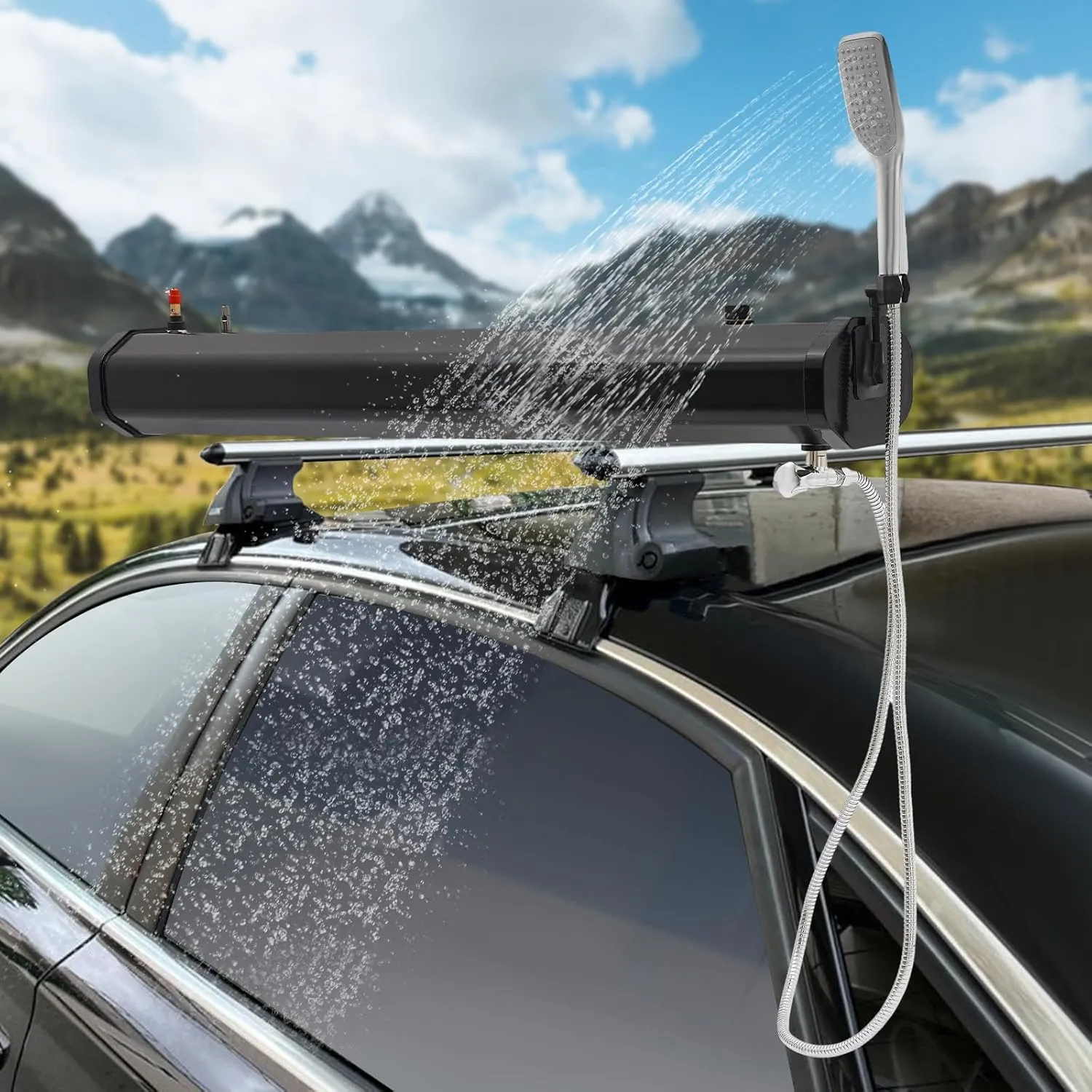 Pressurized Water Tank for Camping, Roof Rack Mount Road Shower w/Water Hose & Storage Bag, Portable Camping Showerhead Handheld Off Road Shower for Hiking, Car Wash, Pet Cleaning