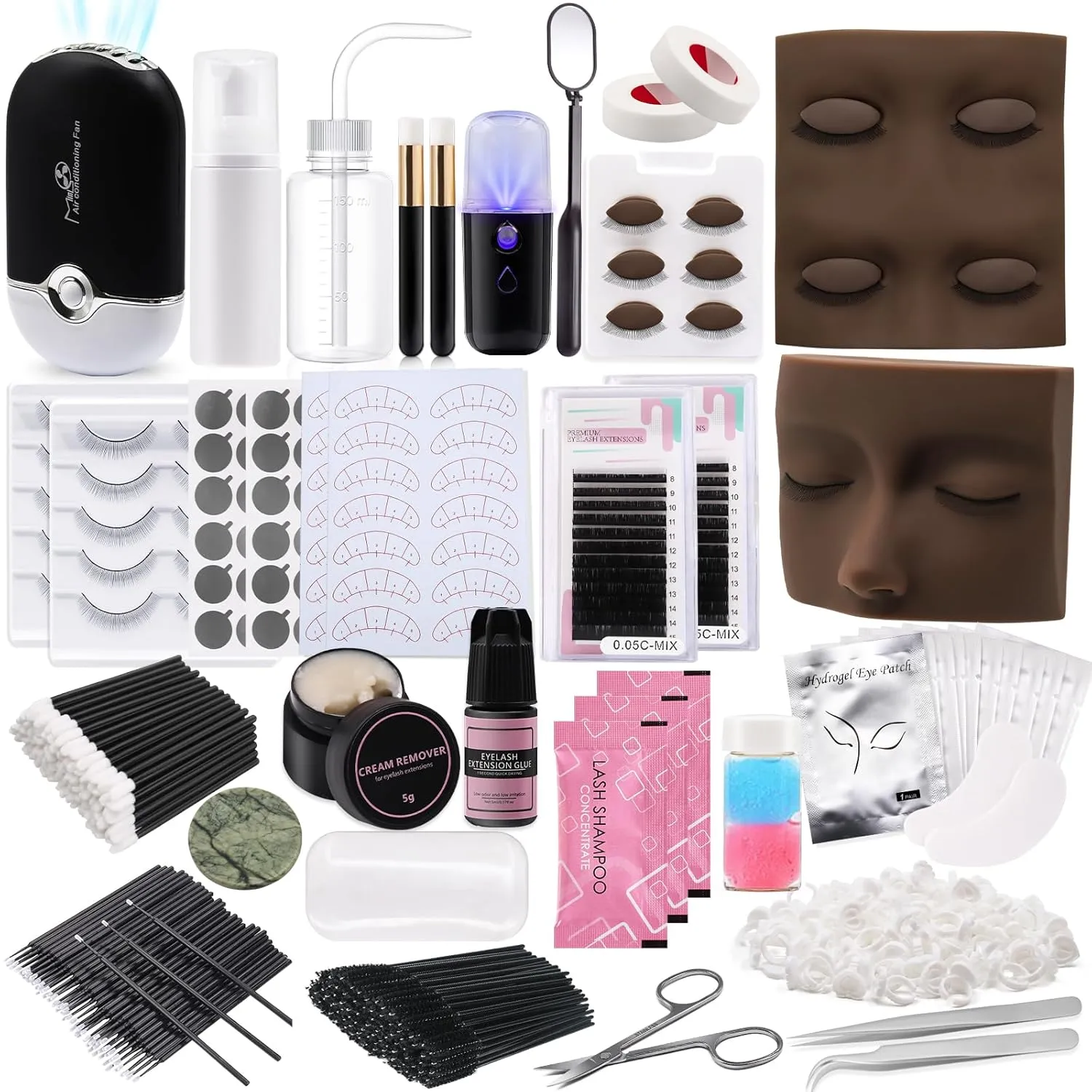 Pretty memory Eyelash Extension Kit for Beginners, 343 Pcs Lash Extension Kit with Everything Includes 2 Mannequin Heads Facial Mister Tweezers Glue USB Fan for Practice Training,Black