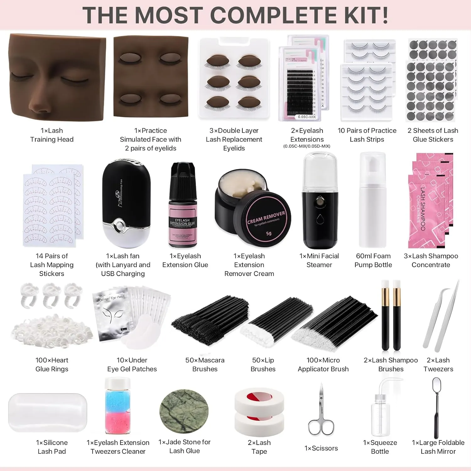 Pretty memory Eyelash Extension Kit for Beginners, 343 Pcs Lash Extension Kit with Everything Includes 2 Mannequin Heads Facial Mister Tweezers Glue USB Fan for Practice Training,Black