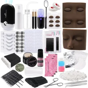 Pretty memory Eyelash Extension Kit for Beginners, 343 Pcs Lash Extension Kit with Everything Includes 2 Mannequin Heads Facial Mister Tweezers Glue USB Fan for Practice Training,Black