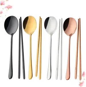 PRETYZOOM 4-piece Stainless Steel Set Korean Style Cutlery Solid Wide Spoons Chopstick Set Silverware Mirror Finish for Banquet