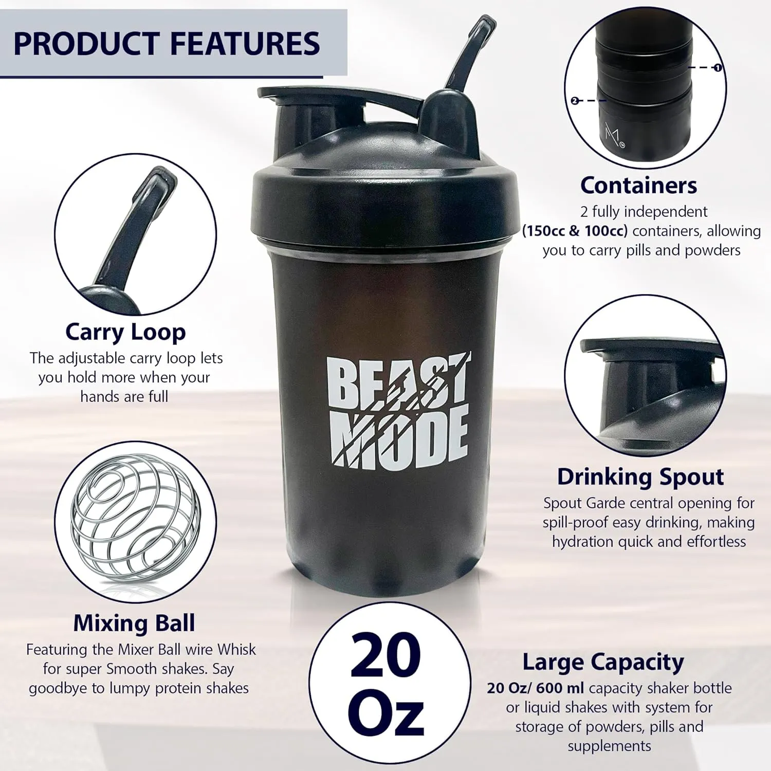 Protein Shaker Bottle with Storage Containers - Leakproof 20oz/600ml Capacity Shakers for Protein Shakes with Mixer Ball and Carry Loop - Black