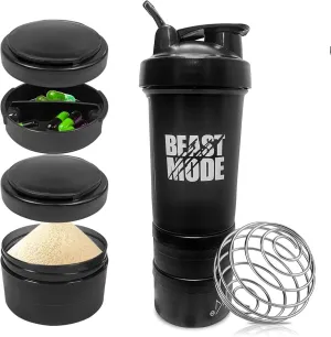 Protein Shaker Bottle with Storage Containers - Leakproof 20oz/600ml Capacity Shakers for Protein Shakes with Mixer Ball and Carry Loop - Black