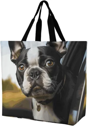 Puppy Dog Boston Terrier Shoulder Tote Bag, Casual Shopping Bags Handbag Large Shoulder Bag for Work Beach Travel And Grocery Bags