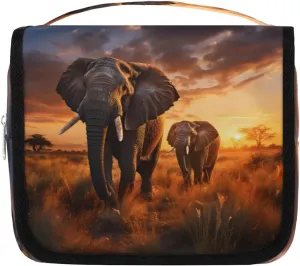 QsirBC Calendar Walking Elephants Travel Toiletry Bag with Hanging Hook, Portable Makeup Bag for Cosmetics Toiletries Travel Essentials, Hanging Bathroom Storage Organizer for Women Men
