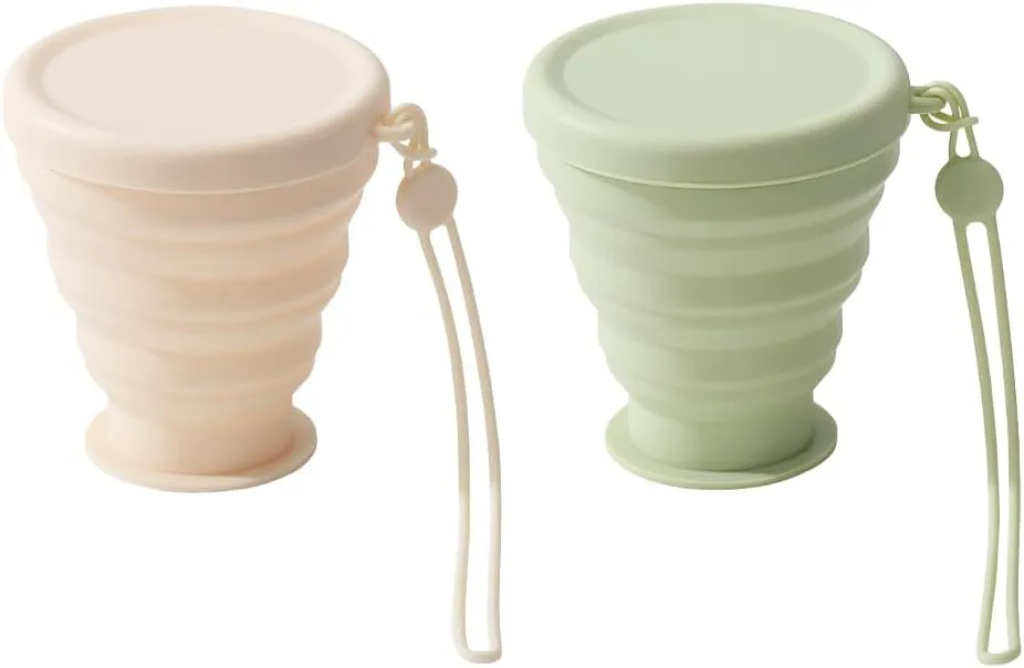 "Collapsible Silicone Water Bottle 2-Pack, 6.72oz Leakproof Foldable Travel Mug with Military-Grade Seal & Carabiner - BPA Free Eco-Friendly Portable Cups for Hiking/Camping/Yoga (Beige & Sage Green)"