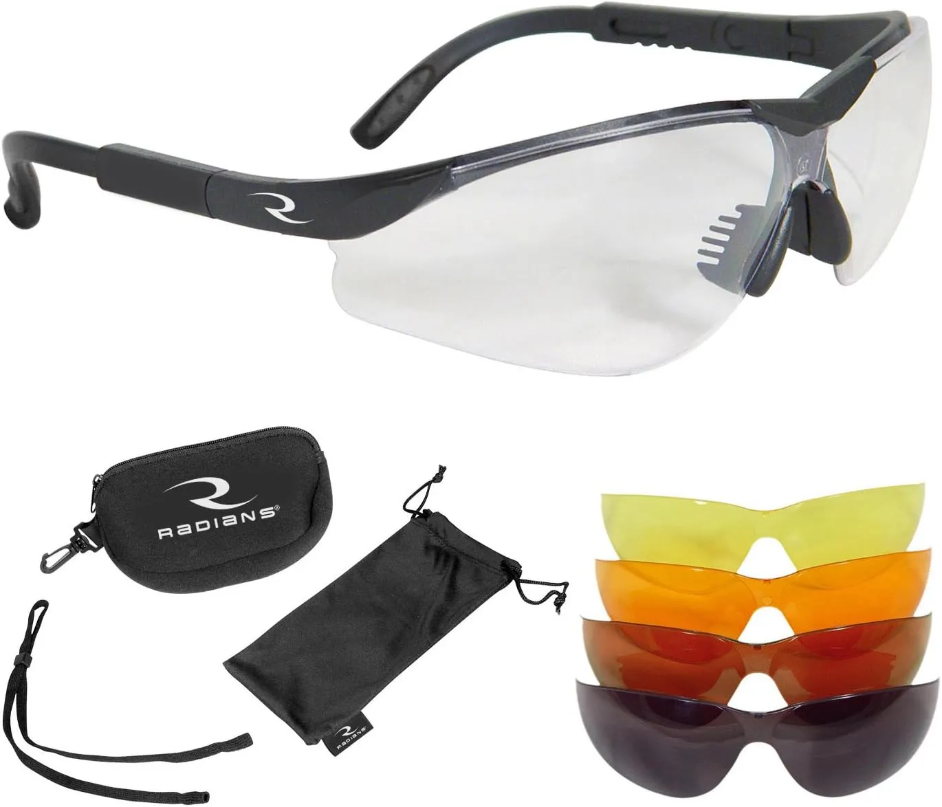 Radians T-85 Glasses with Case/Cloth Bag/Neck Cord,Black Frame,Clear/Copper/Amber/Orange/Green Mirror Lens,T-85,Glasses,Black Frame,Clear,Copper,Amber,Orange,Green Mirror,Case/Cloth Bag/Neck Cord